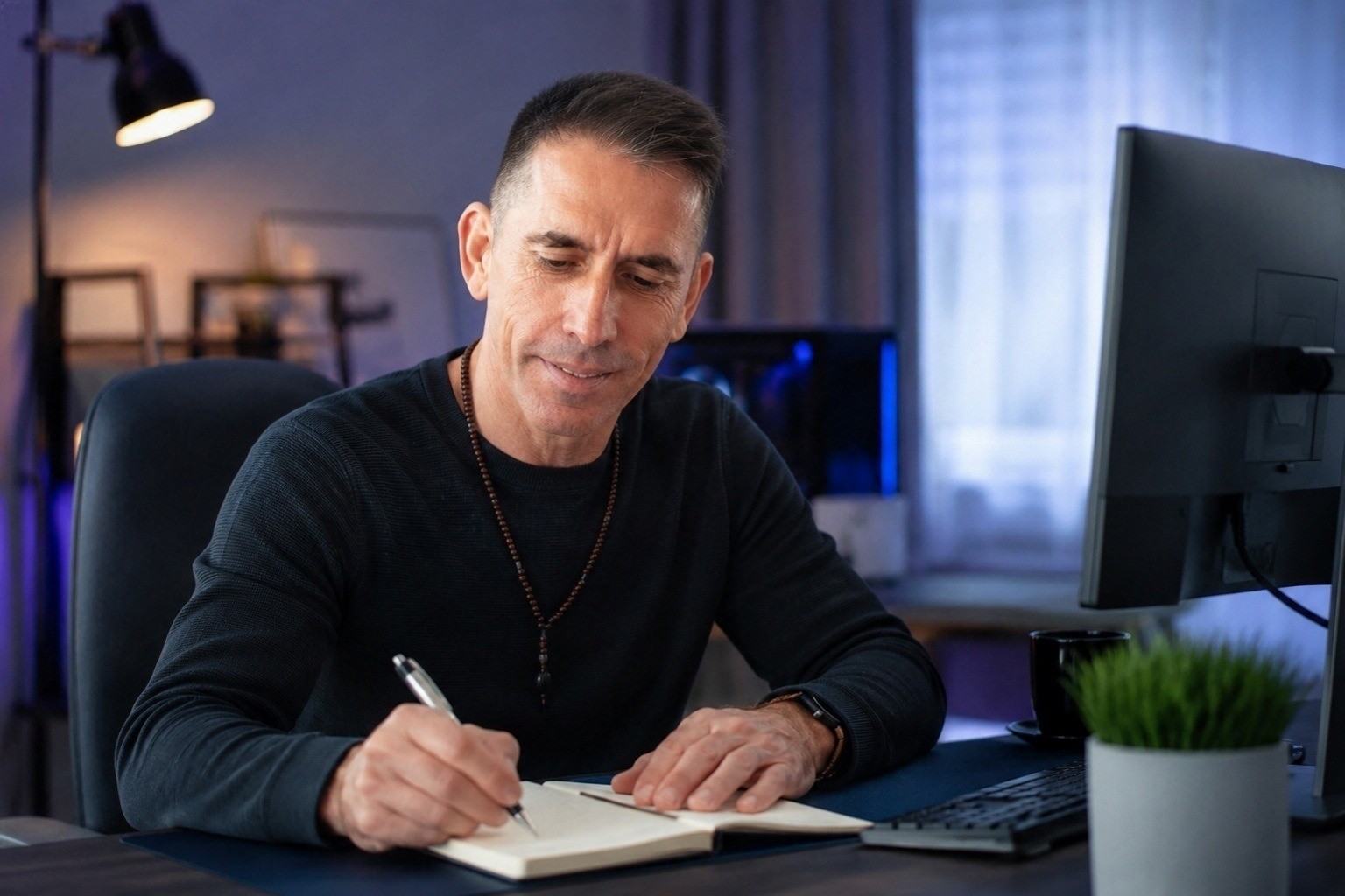 Javier escribiendo en su cuaderno, en casa